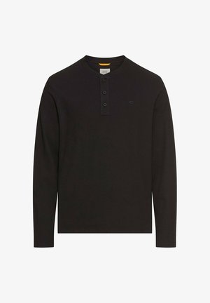 Schwarzes Langarm-Henley-Shirt aus strukturiertem Stoff, mit einer Knopfleiste mit drei Knöpfen, rundem Halsausschnitt und kleinem Logo auf der Brust.