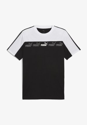 Schwarz-weiße kurzärmlige T-Shirt aus Baumwolle, mit einem auffälligen PUMA-Logo in der Mitte und einem strukturierten Design auf der Brust.