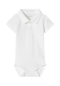 Body corto bianco a maniche corte in morbido cotone, con colletto, patta con bottoni e chiusure a scatto nella parte inferiore.