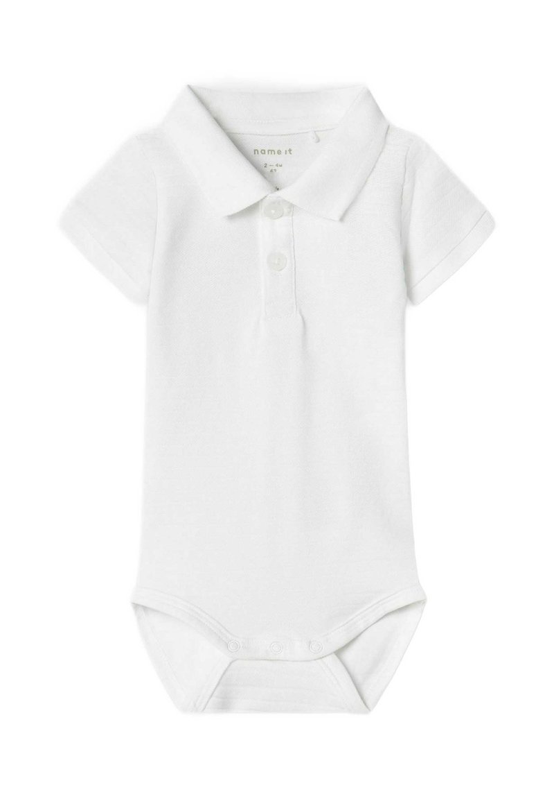 Body corto bianco a maniche corte in morbido cotone, con colletto, patta con bottoni e chiusure a scatto nella parte inferiore.