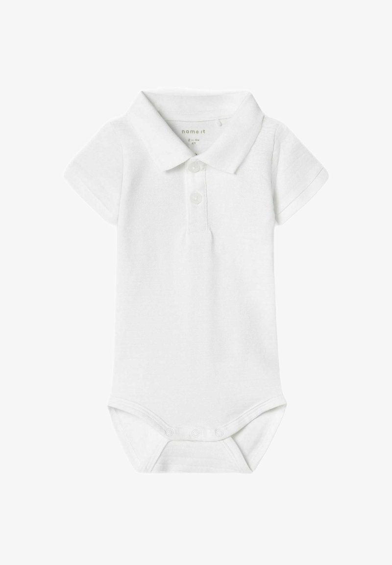 Body corto bianco a maniche corte in morbido cotone, con colletto, patta con bottoni e chiusure a scatto nella parte inferiore.