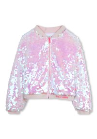 Ροζ μπουφάν bomber με ιριδίζουσες παγιέτες, ριμπ μανσέτες και πάτο, εμπρόσθιο φερμουάρ και το κείμενο «TELL ME MY RAINBOW» στο κάτω μέρος.