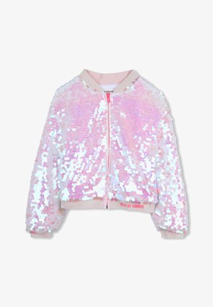Pink bomber jacket with iridescent sequins, ribbed cuffs and hem, front zip closure, and "TELL ME MY RAINBOW" text on the bottom.