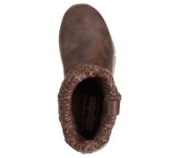 Botte à enfiler en synthétique marron avec un dessus texturé et un poignet en fourrure douce. Dispose d'une semelle plate et d'une boucle pour un enfilage facile.