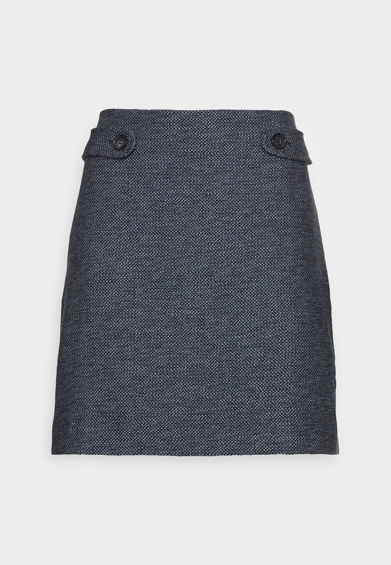 Mini-jupe en tweed gris foncé avec deux boutons noirs sur la ceinture avant, coupe droite, fond uni.