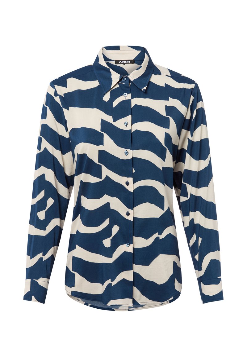 Long-sleeve shirt made of smooth fabric, featuring a blue and white wavy pattern, button front, and a pointed collar.