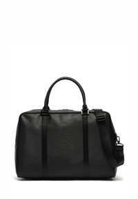 Schwarze Reisetasche aus strukturiertem synthetischem Material, mit zwei Oberhandgriffen, einem verstellbaren Trageriemen und einem Reißverschluss.