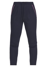 Calças de jogging azul marinho feitas de tecido suave, com bolsos laterais com piping em rosa e branco e um cós ajustável com cordão.