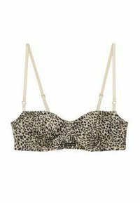 Beżowo-czarny biustonosz w panterkę z miękkiego materiału, z fiszbinami i regulowanymi beżowymi ramiączkami. Charakteryzuje się gładką strukturą i marszczonym designem.