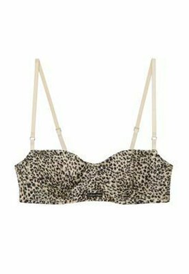 Beige en zwarte beha met luipaardprint, gemaakt van zachte stof, met beugelondersteuning en verstelbare beige bandjes. Kenmerkt zich door een gladde textuur en een geplooid ontwerp.