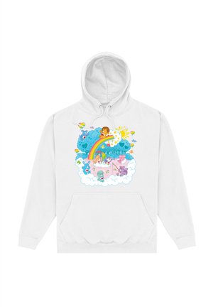 Hvid hættetrøje med et farverigt grafik af en løve, regnbue og forskellige tegneseriefigurer blandt skyerne, med en afslappet pasform og frontlomme.