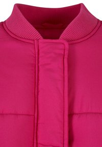 Rosa puffer vest med ribbet krage, quiltet tekstur og glatt stoff. Detaljene inkluderer sømmer og en skjult knappelukking.