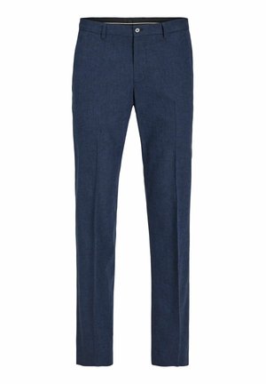 Nakitnate tamnoplave hlače s prednjim zakopčavanjem na kopču i patent, petljama za remen i uskim krojem.