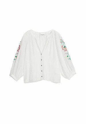 Fehér hosszú ujjú blúz, elülső gombokkal és színes virágmintás hímzéssel az ujjakon, laza, légies szabással és kerek nyakkivágással.