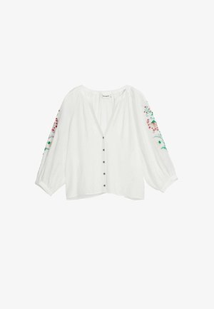 Fehér hosszú ujjú blúz, elülső gombokkal és színes virágmintás hímzéssel az ujjakon, laza, légies szabással és kerek nyakkivágással.