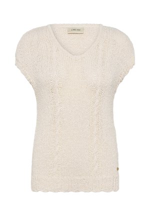 Knapperig, cremefarbener, ärmelloser Strickpullover mit V-Ausschnitt und Zopfmuster an der Vorderseite.