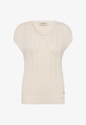 Paksust kreemika värviga õhuline kampsun, millel on V-kaelus ja eesmine palmikmustriga kudum.