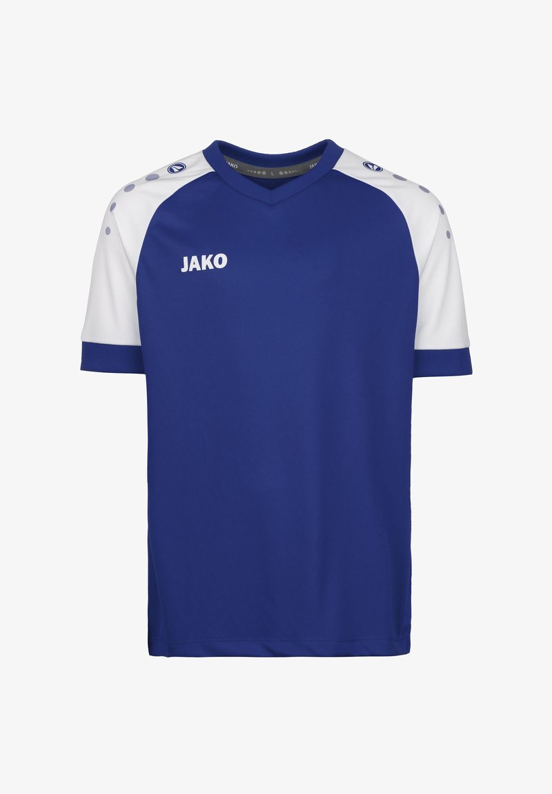 Maillot de sport bleu royal avec des manches blanches, col en V et accents d'épaule. Présente le logo JAKO en blanc sur le devant. Texture lisse.