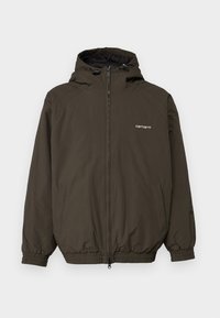 Veste à capuche vert foncé, en tissu lisse. Comprend une fermeture éclair à l'avant, des poignets élastiques et des poches latérales. Logo "Carhartt" sur la poitrine.
