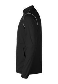 Zwarte lange mouwen shirt met hoge kraag, met witte accenten langs de schouders en zijkanten, gemaakt van een lichtgewicht, gladde stof.