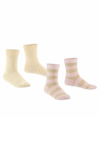 Dos pares de calcetines: uno de color beige sólido con puño acanalado, el otro rosa con rayas verde claro y un puño liso. Textura de punto suave.