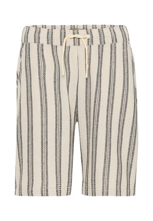 Striped shorts in cream and black, featuring a textured fabric, elastic waistband, and drawstring closure. Casual design for comfort.