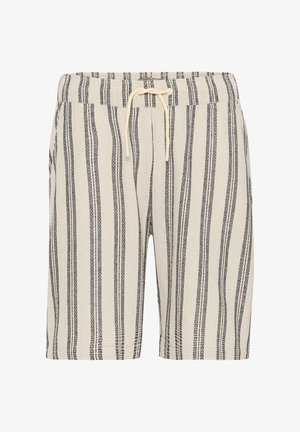 Striped shorts in cream and black, featuring a textured fabric, elastic waistband, and drawstring closure. Casual design for comfort.