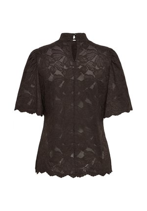 Zwarte kanten blouse met korte pofmouwen, hoge halslijn, gekartelde zoom en een sleutelgatdetail aan de achterkant. Transparant bloemenpatroon over het hele shirt.