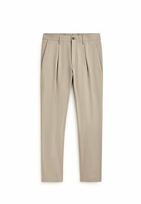 Beige, veckade byxor i mjukt tyg, med dragkedja och knapp, sidofickor och snäva ben.