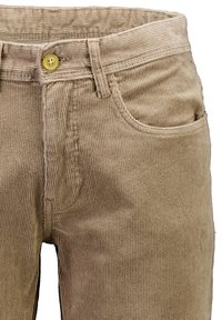 Beżowe spodnie z kordura o prążkowanej fakturze, z żółtym guzikiem i standardowymi kieszeniami, z elastycznym detalem przy pasku.