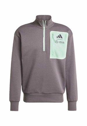 Gray fleece sweatshirt with a half-zip collar. Features a mint green zippered pocket on the left chest and black logo accents.