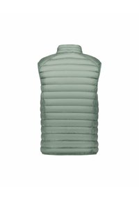 Gilet imbottito leggero e senza maniche di un verde morbido, caratterizzato da un design trapuntato con linee orizzontali, colletto affusolato e senza hardware visibile.