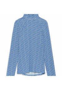 Chemise à manches longues avec un col montant, en tissu léger présentant un motif géométrique bleu avec des nuances variées et une coupe décontractée.