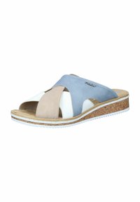 Multi-colored slide sandal featuring blue, beige, and white synthetic upper, cork midsole, and white rubber outsole. Open-toe design.