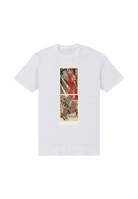 Bílé bavlněné tričko s centrálním grafickým motivem v červených a černých vzorech, zobrazující detailní ilustrace postav a koní.