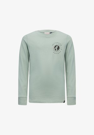Lichtgroen langemouwen shirt van zachte stof, met een ronde hals en een zwarte wereldbolafbeelding met de tekst "Amsterdam" op de borst.