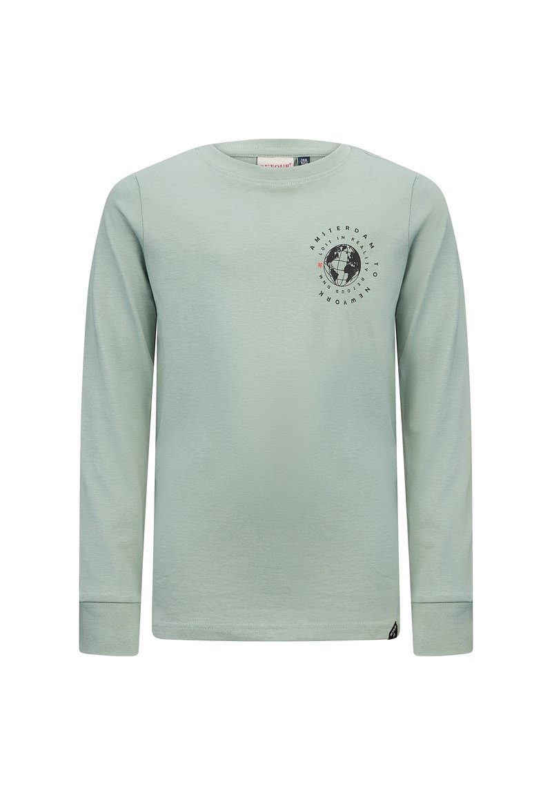 Hellgrünes Langarmshirt aus weicher Baumwolle, mit Rundhalsausschnitt und schwarzem Globus-Print sowie dem Text "Amsterdam" auf der Brust.