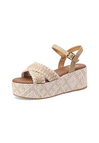 Sandali platform intrecciati con una tomaia in fibra naturale intrecciata, cinturino alla caviglia sintetico beige con fibbia e suola geometrica bianca strutturata.