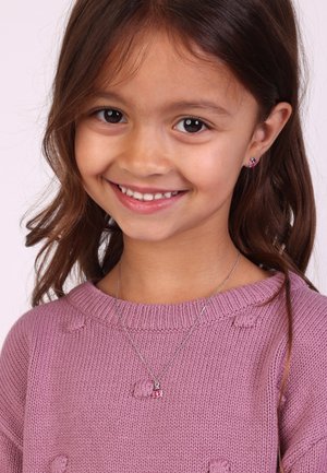 Zilveren ketting met een roze lieveheersbeestje hanger, gedragen met een gemêleerd roze trui. Het meisje heeft bruin haar en een glimlach.