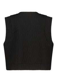 Zwarte mouwloze vest met een gestructureerd, golvend patroon. Beschikt over een ronde halslijn en brede armsgaten; gladde stof met een subtiele glans.