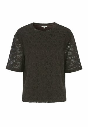 Svart spets t-shirt med korta ärmar och rund halsringning. Texturerat mönster genom hela plagget med en något lös passform.
