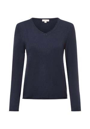 Marineblauwe langekoot V-hals trui in ribbelstructuur, met een aansluitend ontwerp en een zoom die iets onder de taille valt.