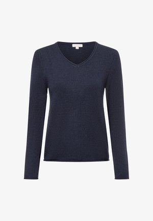 Marineblauwe langekoot V-hals trui in ribbelstructuur, met een aansluitend ontwerp en een zoom die iets onder de taille valt.