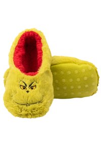 Pantofole verdi e pelose con una fodera rossa, decorate con un design del viso del Grinch. Suole a pois che offrono trazione. Texture morbida in tutto.