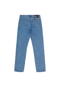 Světle modré džíny z denimu se střihovým středním stáním, pěti kapsami a hladkým pasem se štítkem na zadní straně.