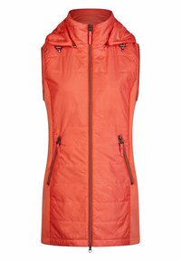 Geplüschte ärmellose Weste in leuchtendem Koralle, mit hohem Kragen, Reißverschluss vorne und zwei Reißverschluss-Seitentaschen. Glatte Textur mit tailliertem Schnitt.