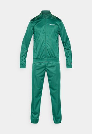Green tracksuit made of smooth, shiny fabric. Zip-up jacket with high collar and elastic cuffs. Pants feature matching design and elastic waistband.