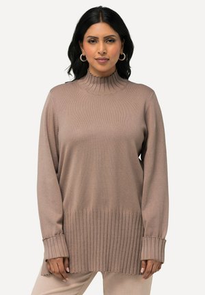 Hellbrauner Rollkragenpullover mit Rippdetails am Kragen und unteren Saum. Lange Ärmel mit gerippten Bündchen und glatter Textur.
