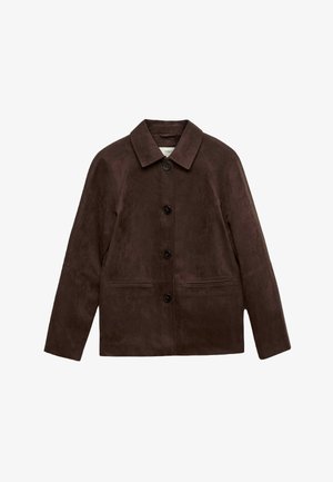 Hnědá semišová bunda se čtyřmi černými knoflíky, dlouhými rukávy a dvěma předními kapsami s welt, s klasickým límcem.