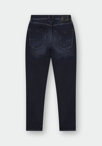 Jeans slim-fit bleu foncé vus de l'arrière avec deux poches cousues et une taille avec passants de ceinture.